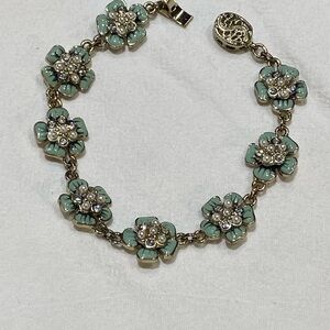 Beautiful, aqua enamel, pearl, and rhinestone bracelet.